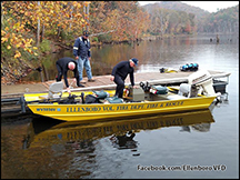 Ellenboro VFD members board thier boat during a incident at North Bend State Park Lake.